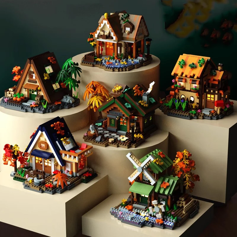 クリエイティブシティストリートビュー森の家ミニブロックキャビンヴィラ街並み建設キットビルディングレンガのおもちゃライト付き