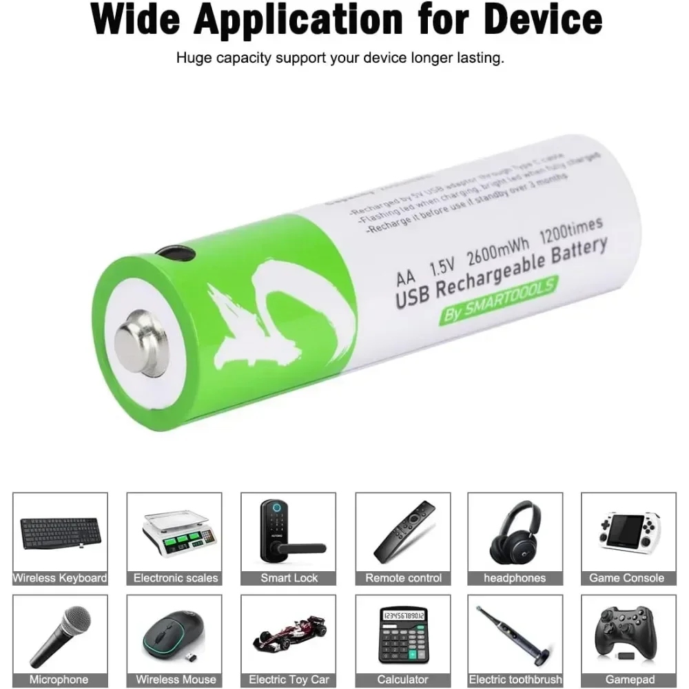 4 buah baterai Li-ion isi ulang USB 1.5V AA 2600mWh kapasitas tinggi untuk Mouse pengendali jarak jauh baterai mainan elektrik + kabel