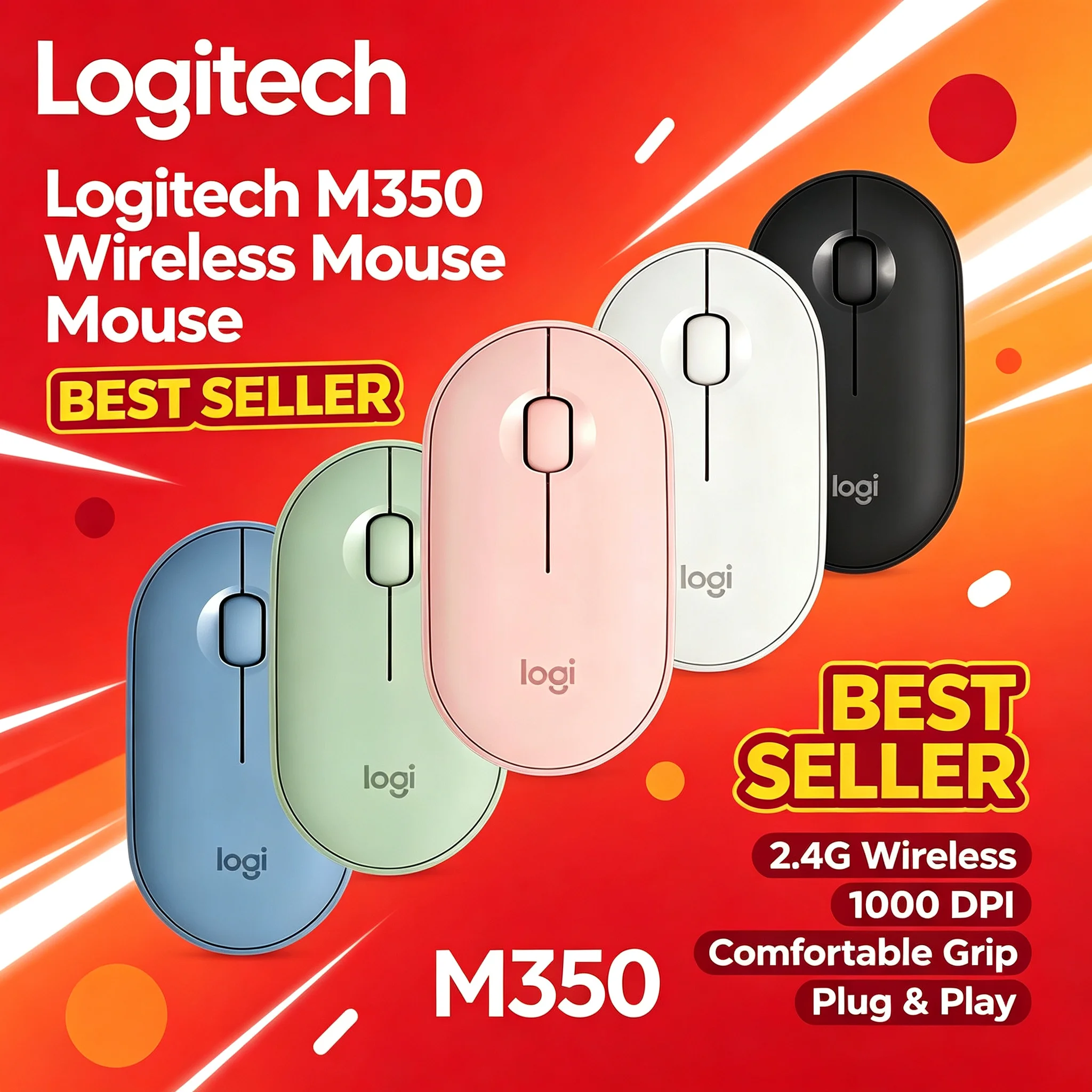 Logitech M350 Pebble Bluetooth Wireless Mouse Silent Click Slim Pebble Mice For Student Laptop