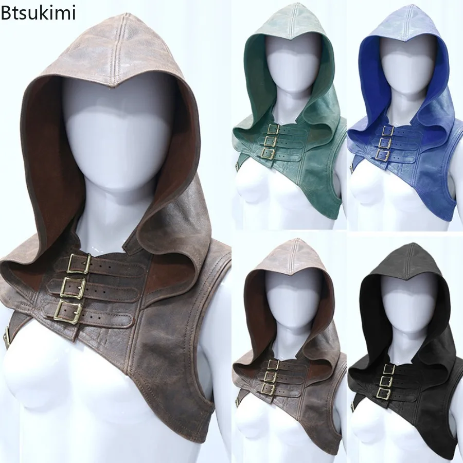 Mittelalterliche Kunstlederrüstung, Jägerin, Assassinen, Cosplay-Kostüme, Karneval, einfarbig, Leder, Kapuzenschal, Wikinger-Krieger-Umhang
