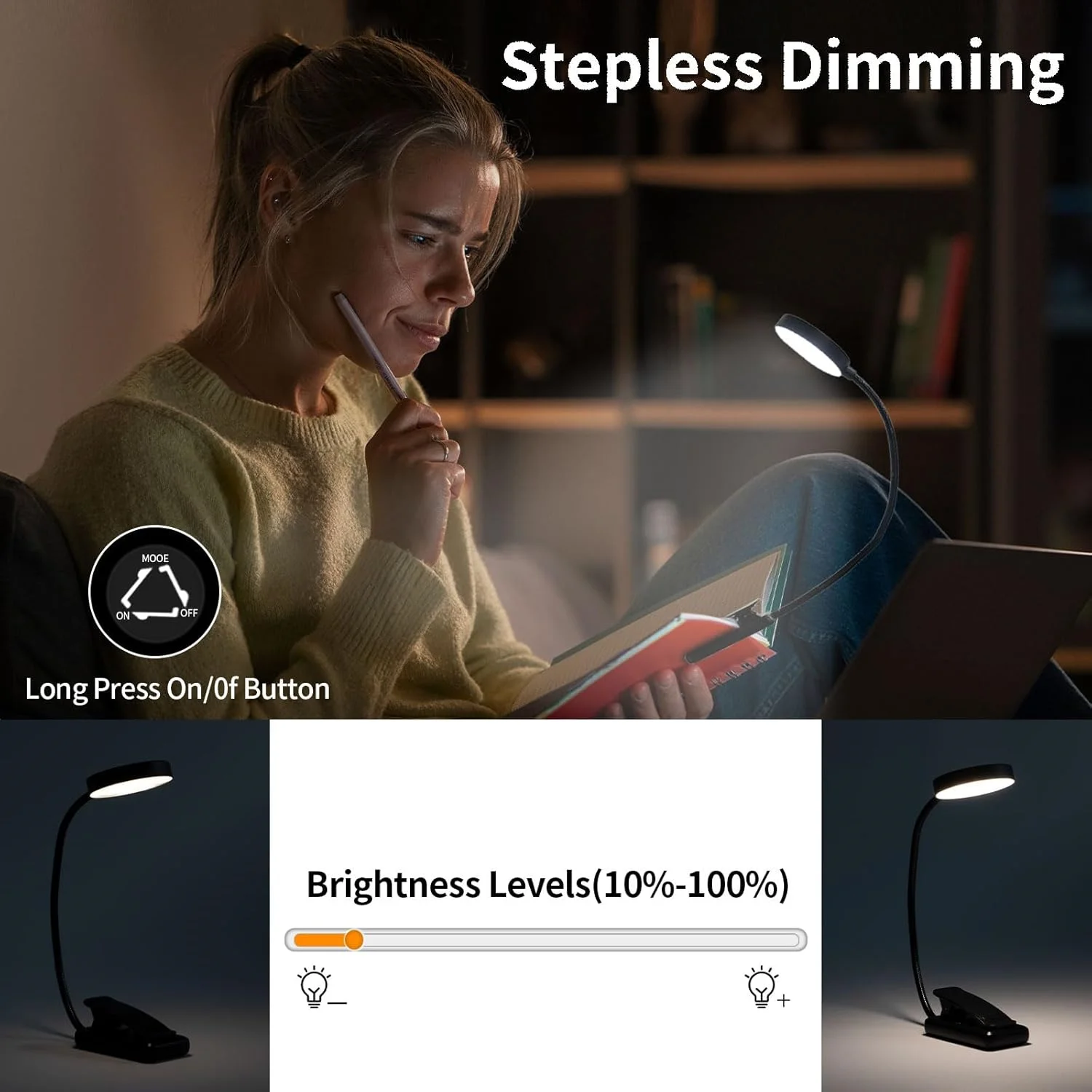 Lampu Buku USB Isi Ulang Lampu Baca Hangat Dingin Putih Siang Hari Portabel Fleksibel Klip Mudah Lampu Baca Malam