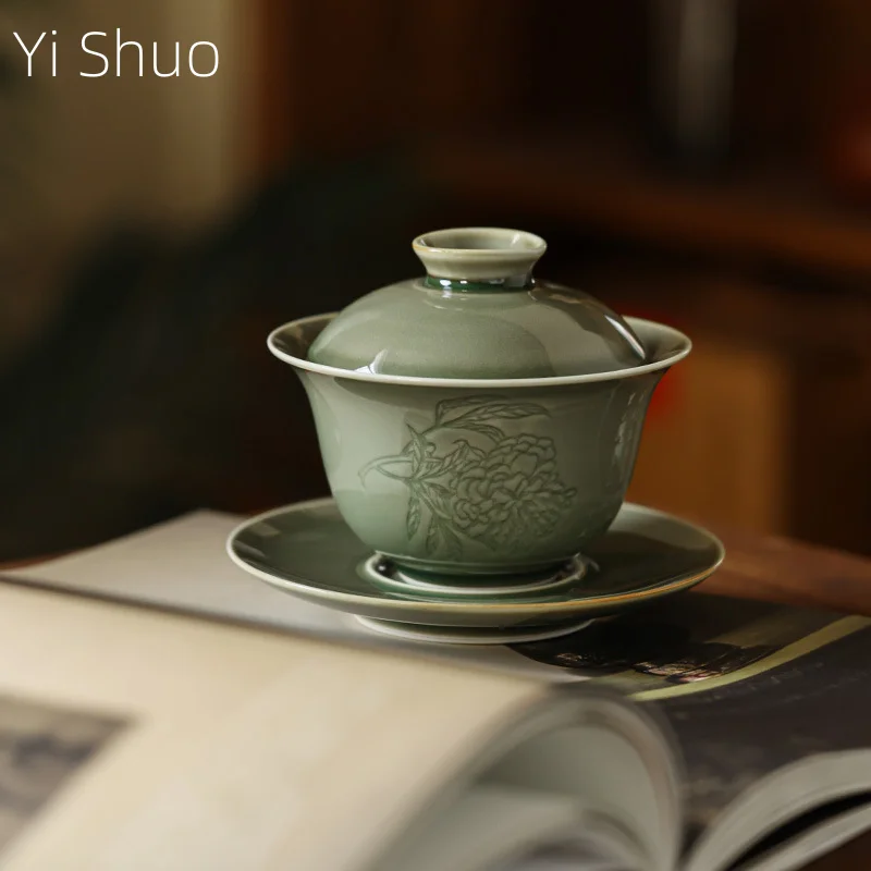 Yue Kiln Celadon Folded Branches Cover Bowl Teacup Chinese High-end Not Hot Three-way Tea Bowl Gaiwan