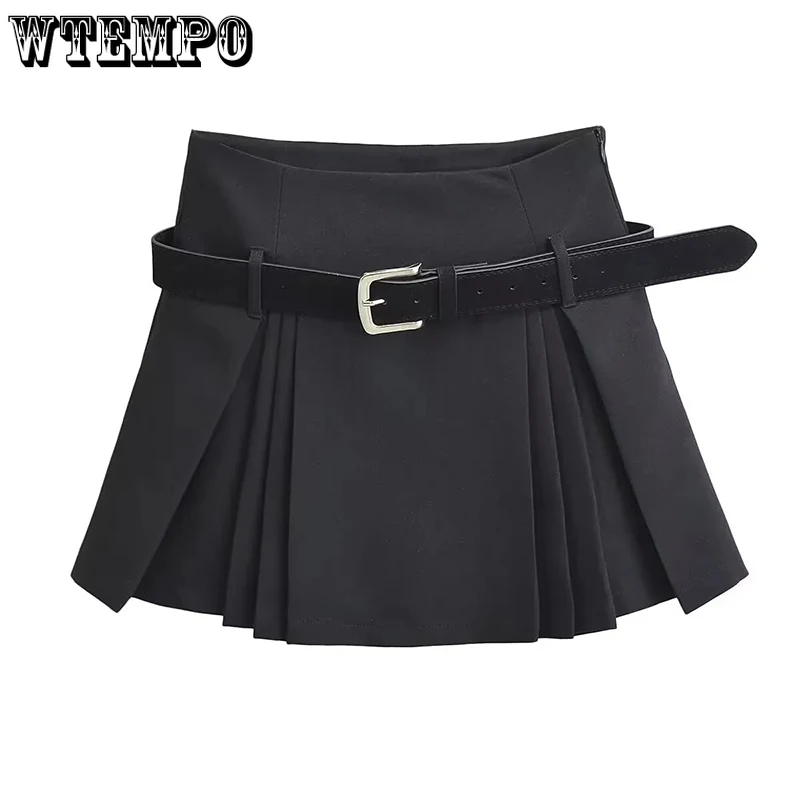 

WTEMPO New Preppy Style Short Pleated Skirts with Belt Women Fashion High Waist A-Line Gray Black Mini Skirts with Safety Pants