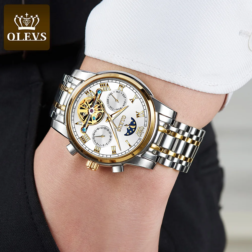 OLEVS Original Automatic Mechanical Watch for Men Luxury Brand Moon Phase Tourbillon Wristwatch Waterproof Luminous Moonswatch