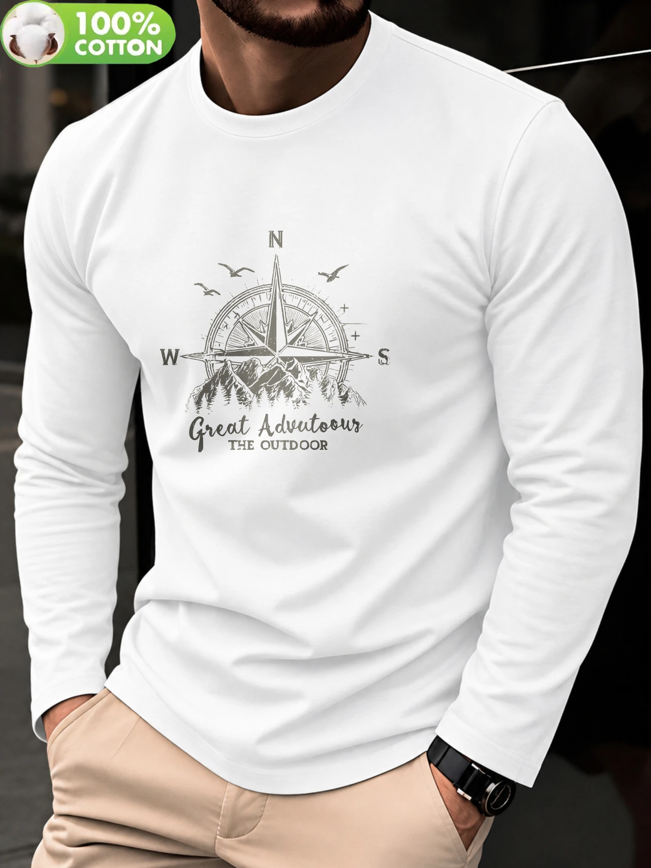 Mens 100 Pure Cotton Long Sleeve T Shirt Milan Italian Pattern Print Crew Neck Standard Size Machine Washable Comfortable Fashio