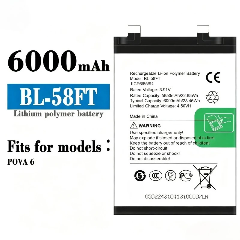 New Battery 6000mAh BL-58FT for Tecno POVA 6/Pova 6 Pro/Li9 Mobile Phone Battery