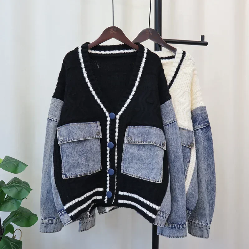 Sweater Cardigan Denim longgar wanita, jaket Jumper berkancing Kintted musim semi musim gugur, Y2k 2024