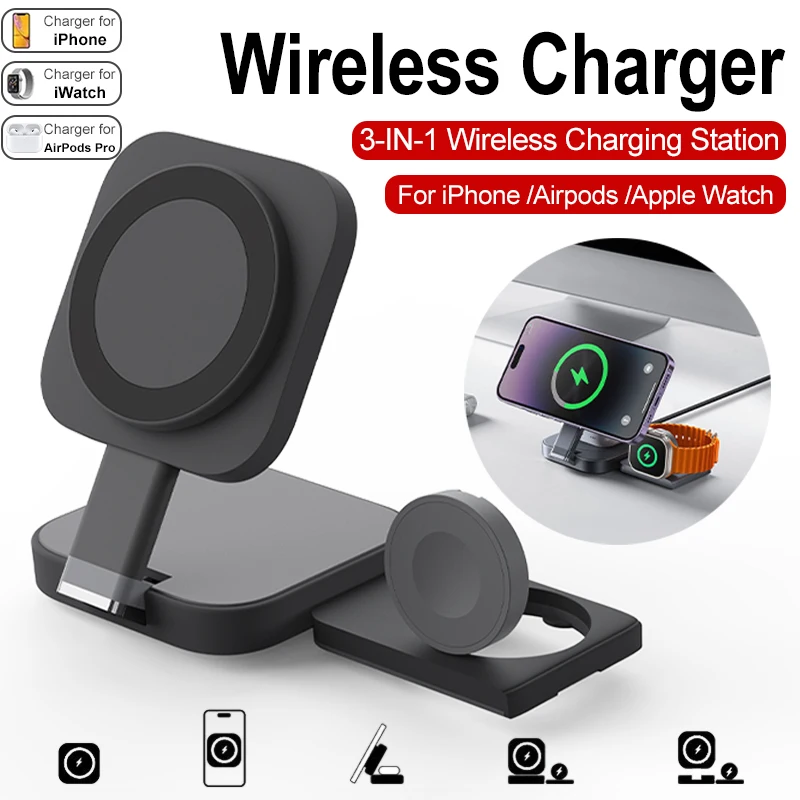 3 In 1 Magnetic Wireless Charger Stand For iPhone 15 14 13 Pro Max Foldable Fast Charging Station Holder For Watch 8 7 6 AirPods