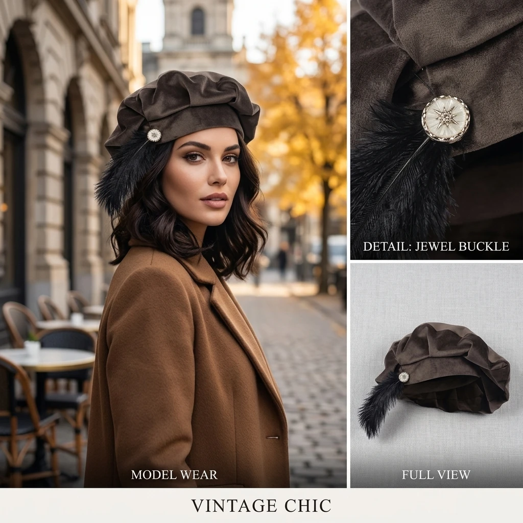 Trendy Vintage Medieval Unisex Beret Hat With Feather Suede Tudor Hat With Feather Minstrel Muffin Elizabethan Renaissance Caps