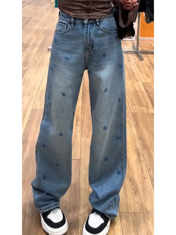 Spring 2026 Women's High Waist Embroidered Denim Jeans Slim Fit Floor-Length Wide Leg Pants for Pear Shaped plus Size Ladies