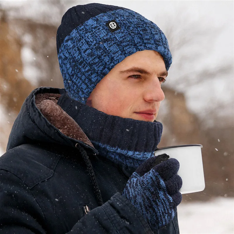 New Gradient Knitted 3Pcs Set Fleece Lined Beanie Neck Warmer Touchscreen Gloves Thick Thermal Winter Set for Men Women
