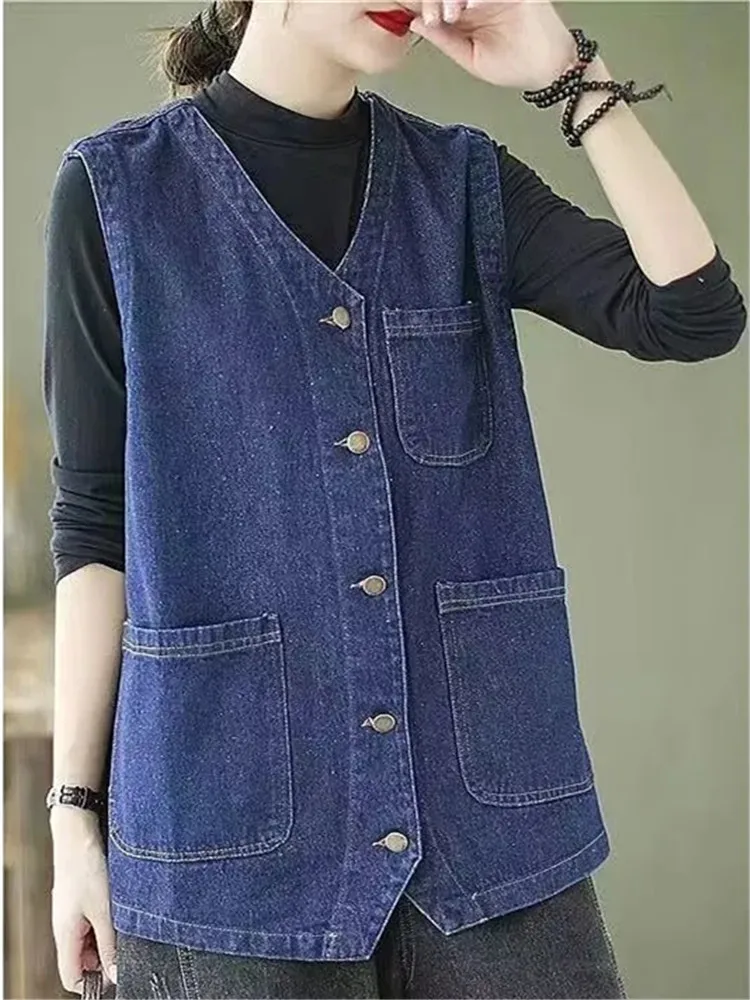 Rompi Denim wanita Korea, rompi Denim wanita Korea Retro, Harajuku Solid, kasual, saku pakaian jalanan sederhana, desain baru nyaman