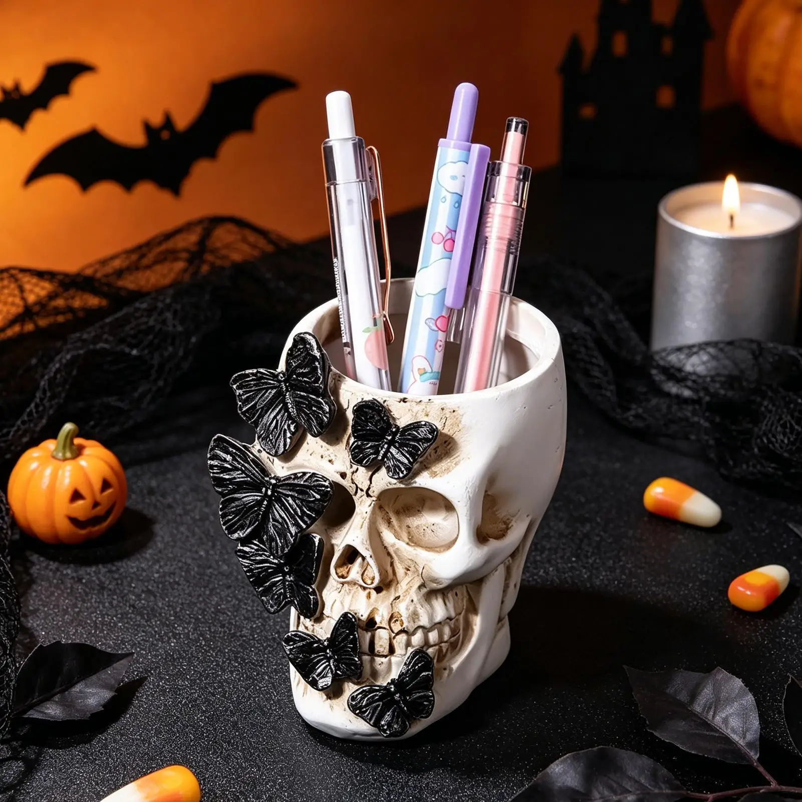 Skull Pen Cup Resin Pencil Cup Desk Pen Organizers Box Makeup Brush Holder for Home Organization Teacher Lecturer Writer