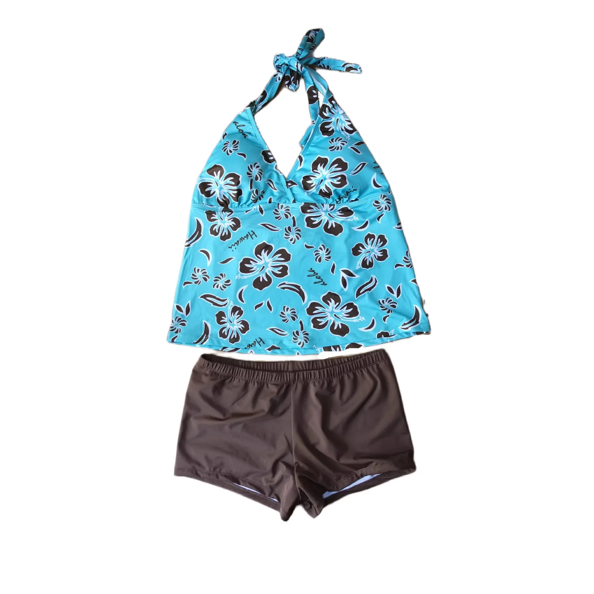 Flower print hanging neck split flat angle swimsuit strap top solid color flat angle shorts two-piece set swimsuit