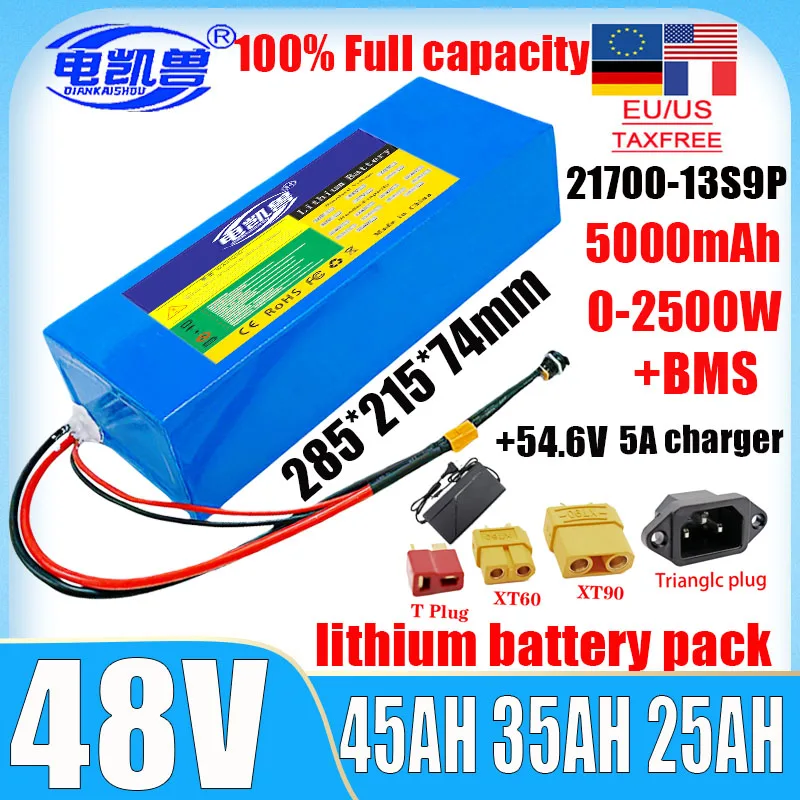 New 48V 45Ah 35Ah 25Ah 15Ah Lithium-Ion Battery Pack Built-In BMS 21700 0-2500W High-Power Electric Tool With +54.6V 5A Charger