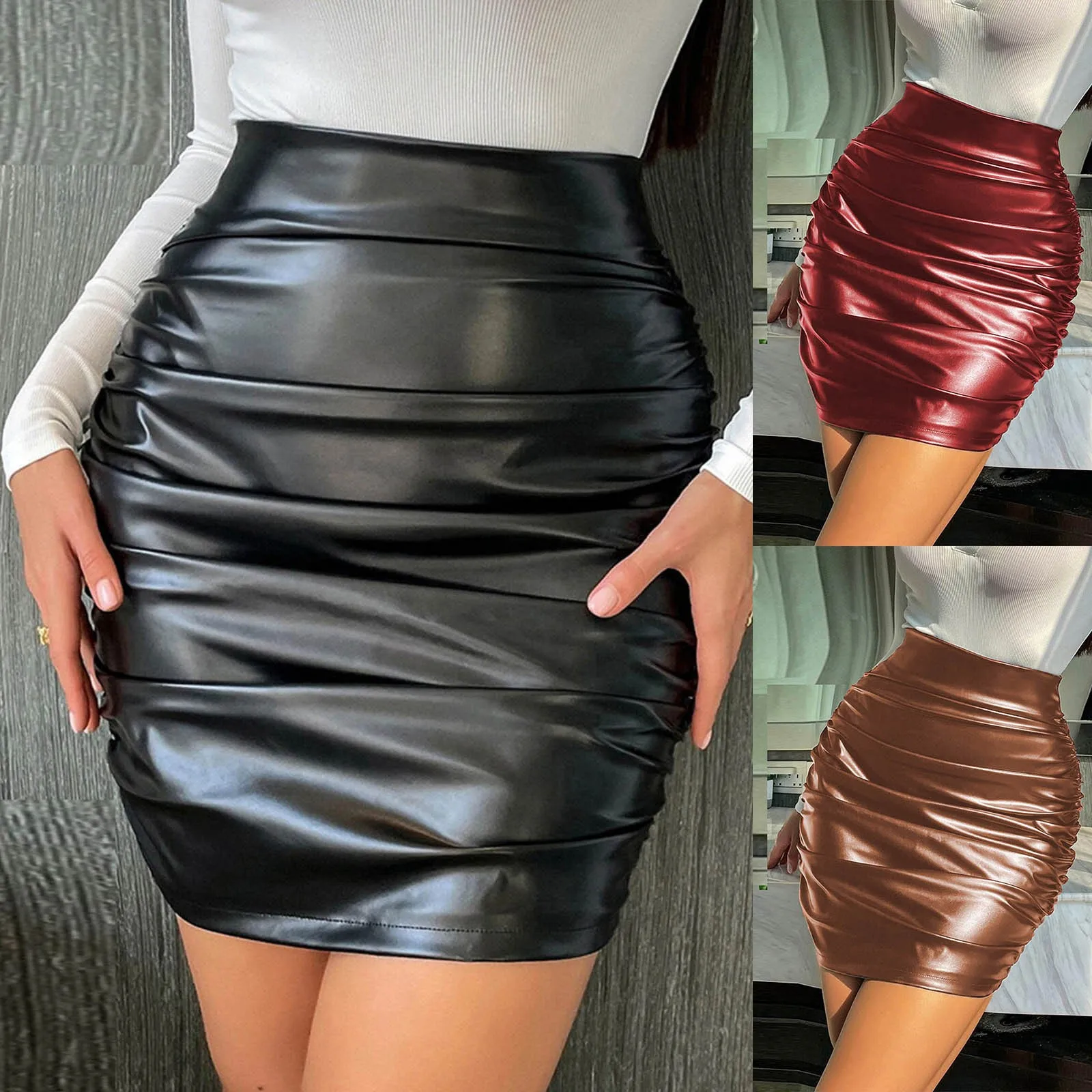 Autumn Winter High Waist Black Faux Leather Short Skirt Women Sexy Skirt Lady PU Leather Bag Hip Solid High Waist Zipper Skirt