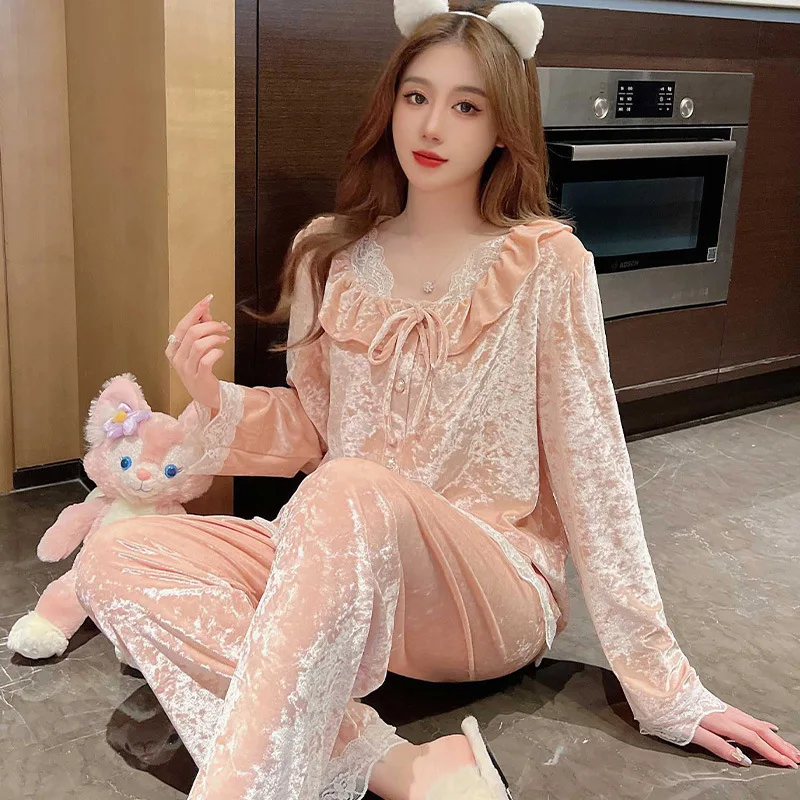 المخملية منامة مجموعة النساء الخريف الشتاء ملابس خاصة الأميرة نمط الدانتيل تقليم ملابس المنزل طويلة الأكمام بنطلون 2 قطعة المتسكعون