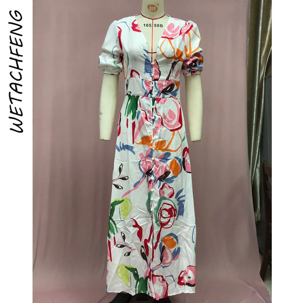 ฤดูร้อนเซ็กซี่VคอBig Swingปุ่มดอกไม้Elegantผู้หญิงชุดยาว 2025 ปาร์ตี้ชายหาดBoho Holiday Robe Lady Maxiชุดเสื้อผ้า