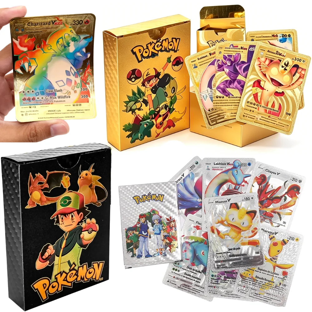 English 10-55Pcs Pokémon Gold Foil Cards Golden Letters English Game Card Charizard Vmax Gx Series Gift