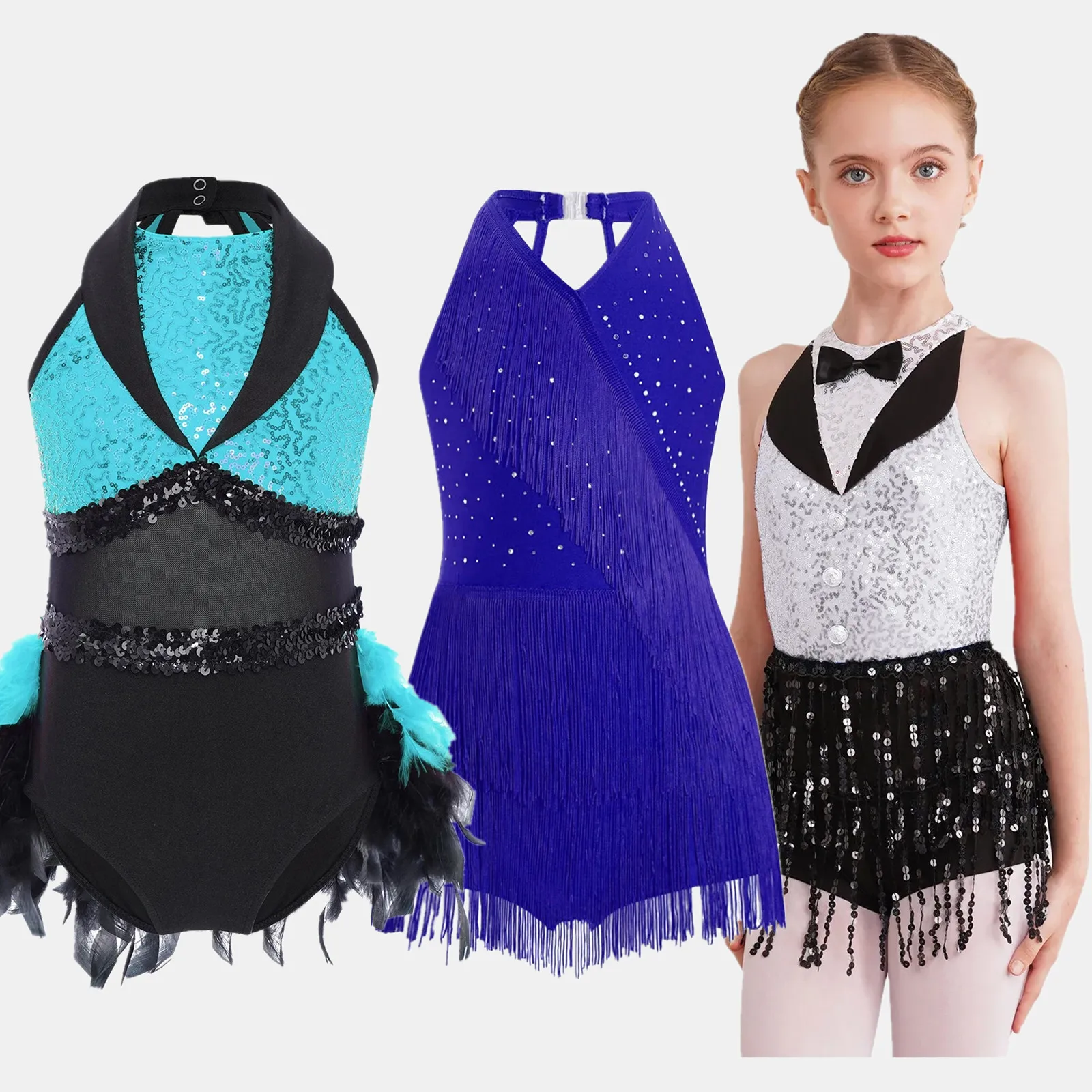 

Kids Girls Gymnastics Jazz Latin Dance Leotard Dress Stage Performance Costume Sheer Mesh Waist Shiny Sequins Feather Dancewear