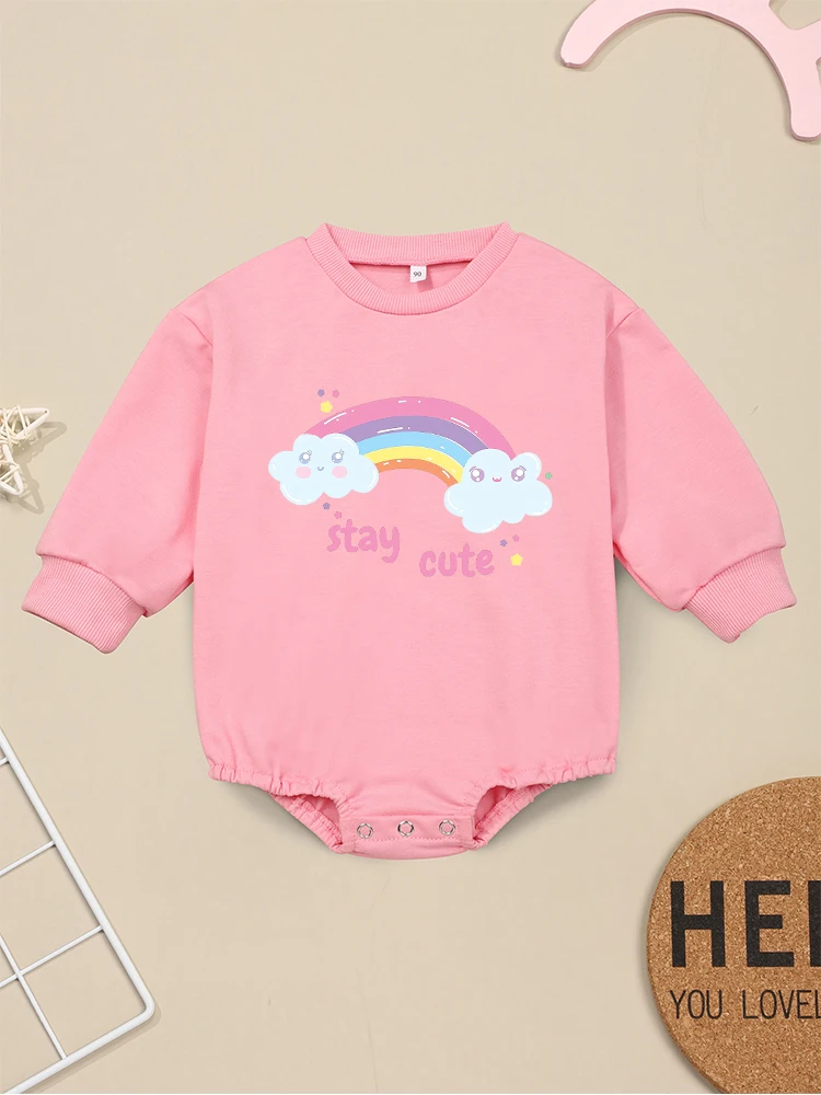 Stay Cute Baby Girl Pink Clothes Long Sleeve Bodysuit Cartoon Rainbow Kawaii Toddler Jumpsuit Cheap Sweatshirt Fast Delivery