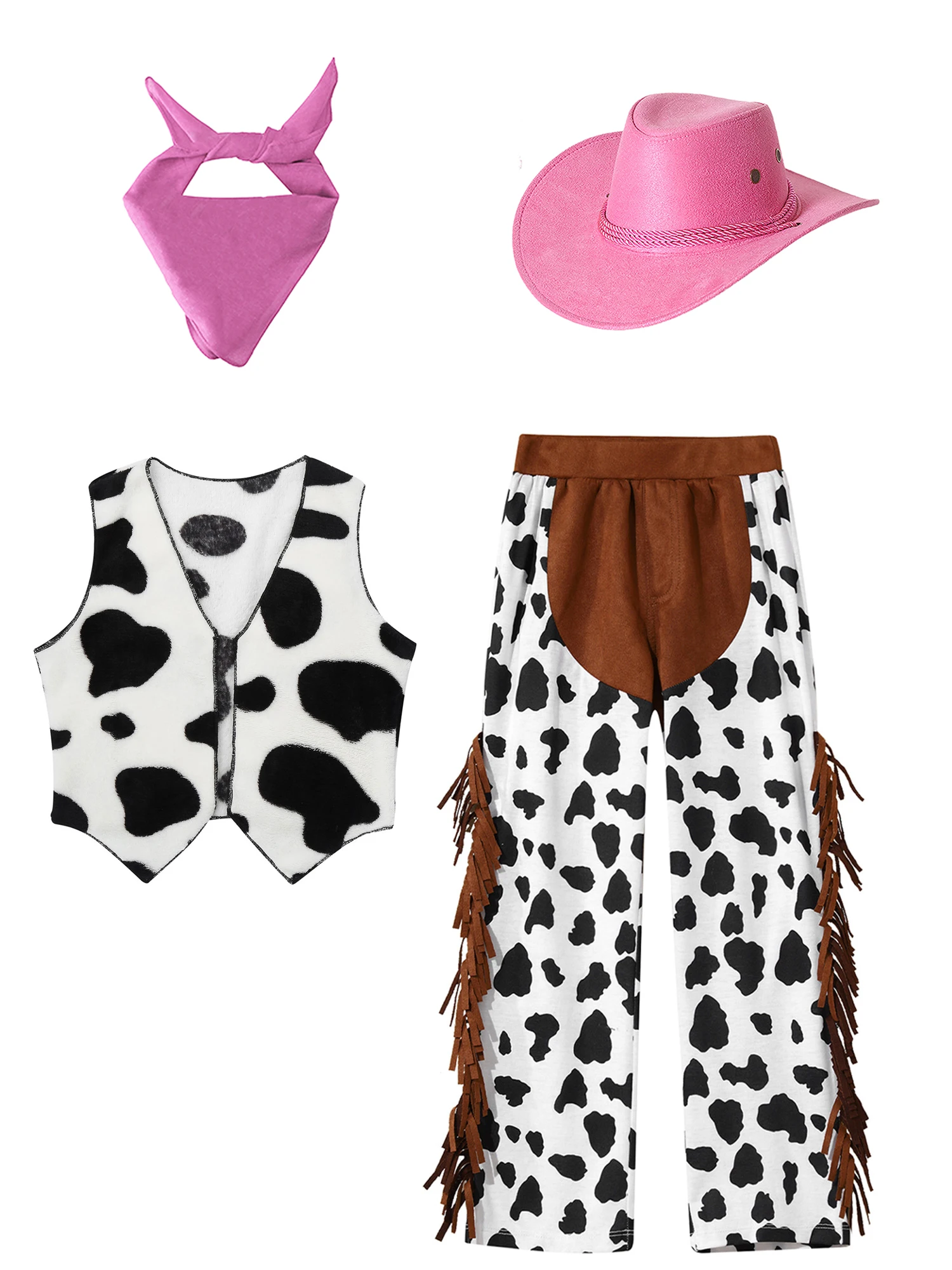 Kostum koboi Barat anak-anak pakaian koboi anak perempuan anak laki-laki celana pendek dengan rompi dan topi bandana koboi perempuan berdandan pesta Halloween