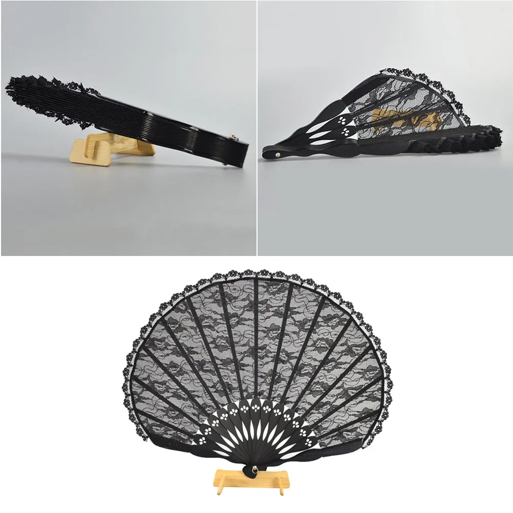 Lace Folding Fan Black Bamboo Hand Embroidered Cheongsam Pattern Elegant Wedding Dance Ancient Fan Summer Decoration