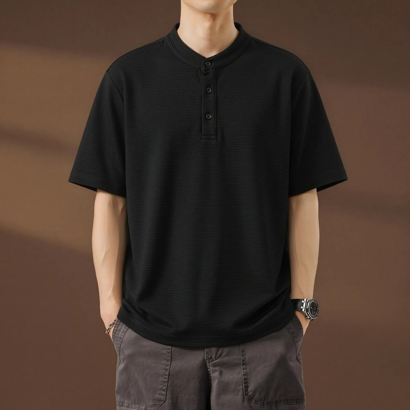Summer Youth Men's Short-Sleeved T-Shirt with Standing Collar