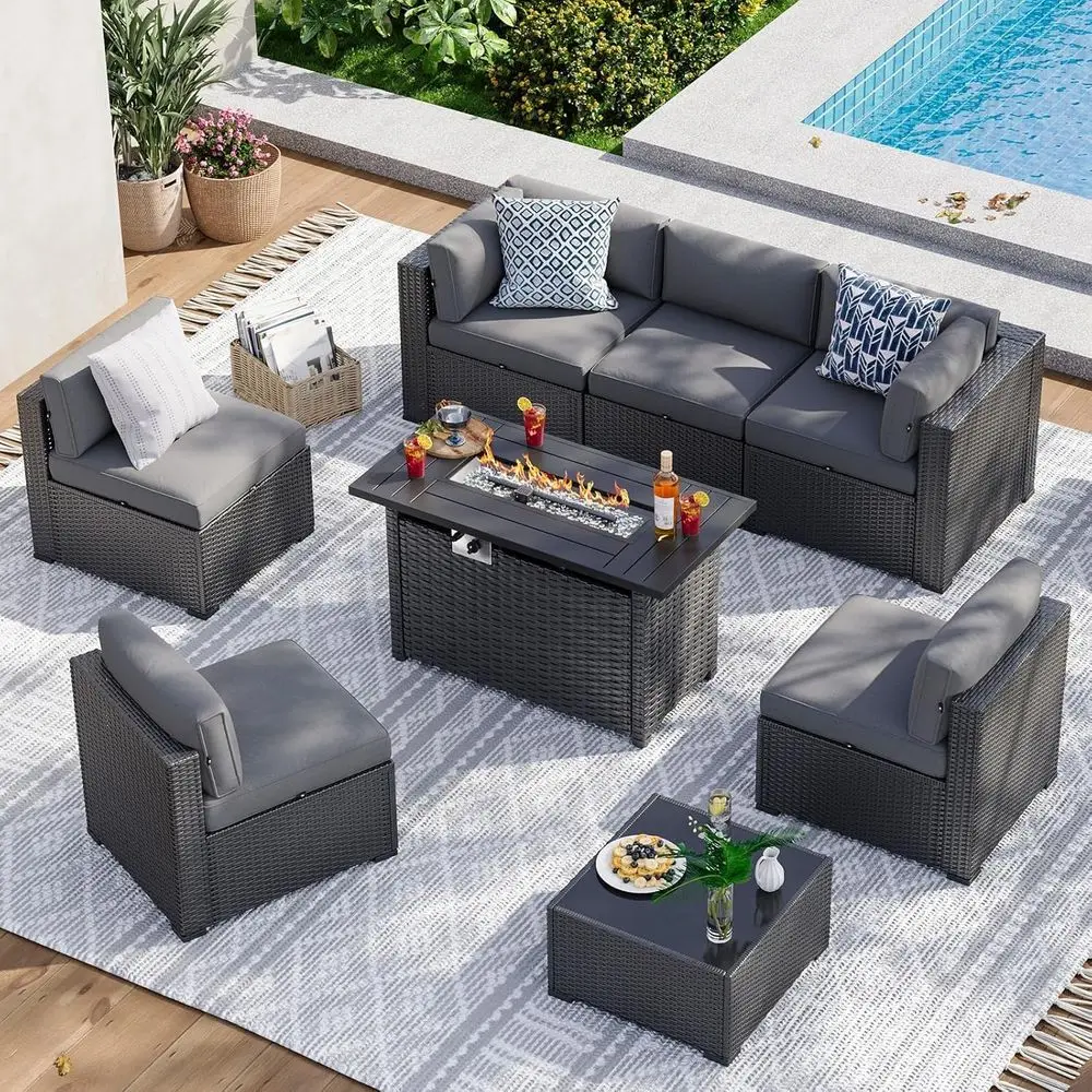 

8-Piece Patio Furniture Set with 44 Fire Pit Table, Wicker Rattan Sectional Sofa, Outdoor Cushioned Seating, Grey