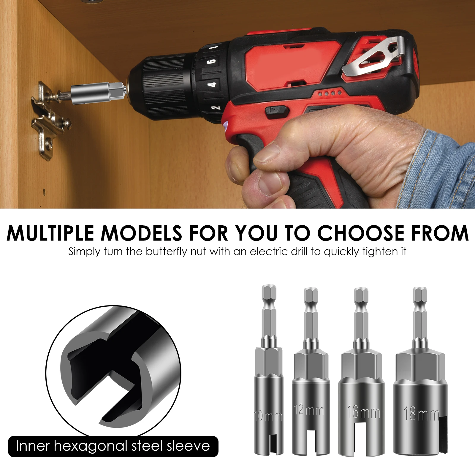 Wing Nut Driver Sockets 1/4”Hex Shank Wing Nut Driver Set 10-19mm Nut Driver Set Drill Bit Sockets for Panel Nuts Screws Bolt