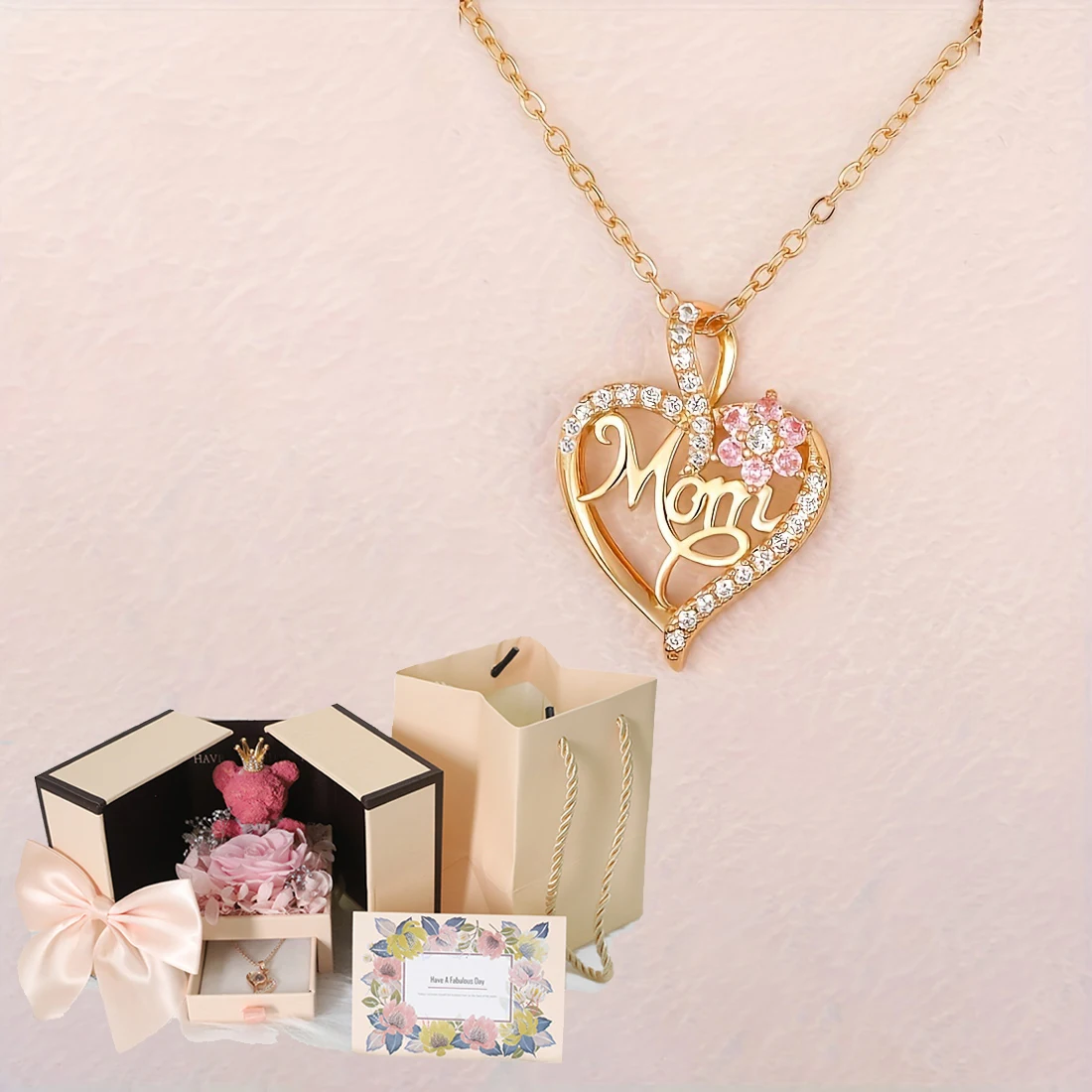 

Luxury Mom Flower Zircon Necklace With Cute Bear Rose Gift Box For Girlfriend Mom Wife Romantic Gifts 2024 Elegant Accessories