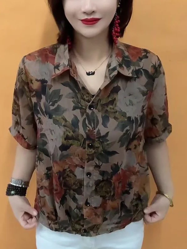 

Summer Fashion Thin Women's Collar Chiffon Shirt Loose Breathable Printed Sun Protection Meat Covering Trendy Top