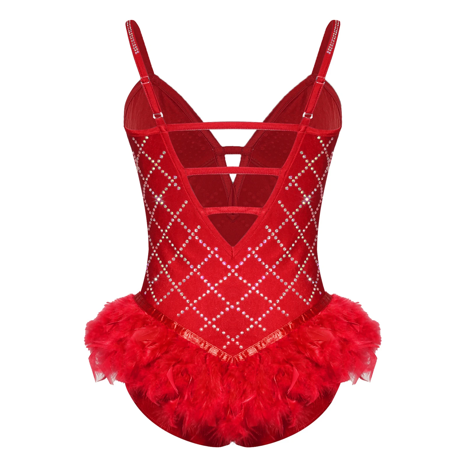 Womens Ballet Leotard Dress Shiny Rhinestone Feather Deep V-Neck Adjustable Spaghetti Straps Strappy Bodysuit for Performance