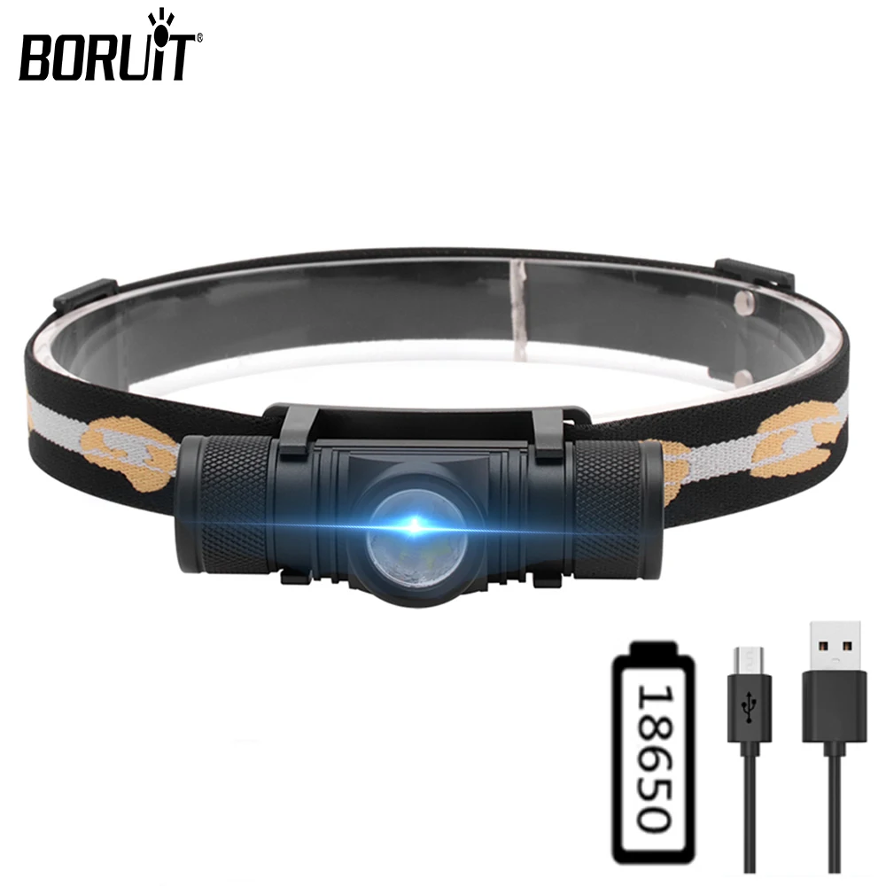 BORUiT D10 LED Headlamp 18650 Battery Type-C Rechargeable Headlight Waterproof Work Head Flashlight Fishing Camping Head Torch