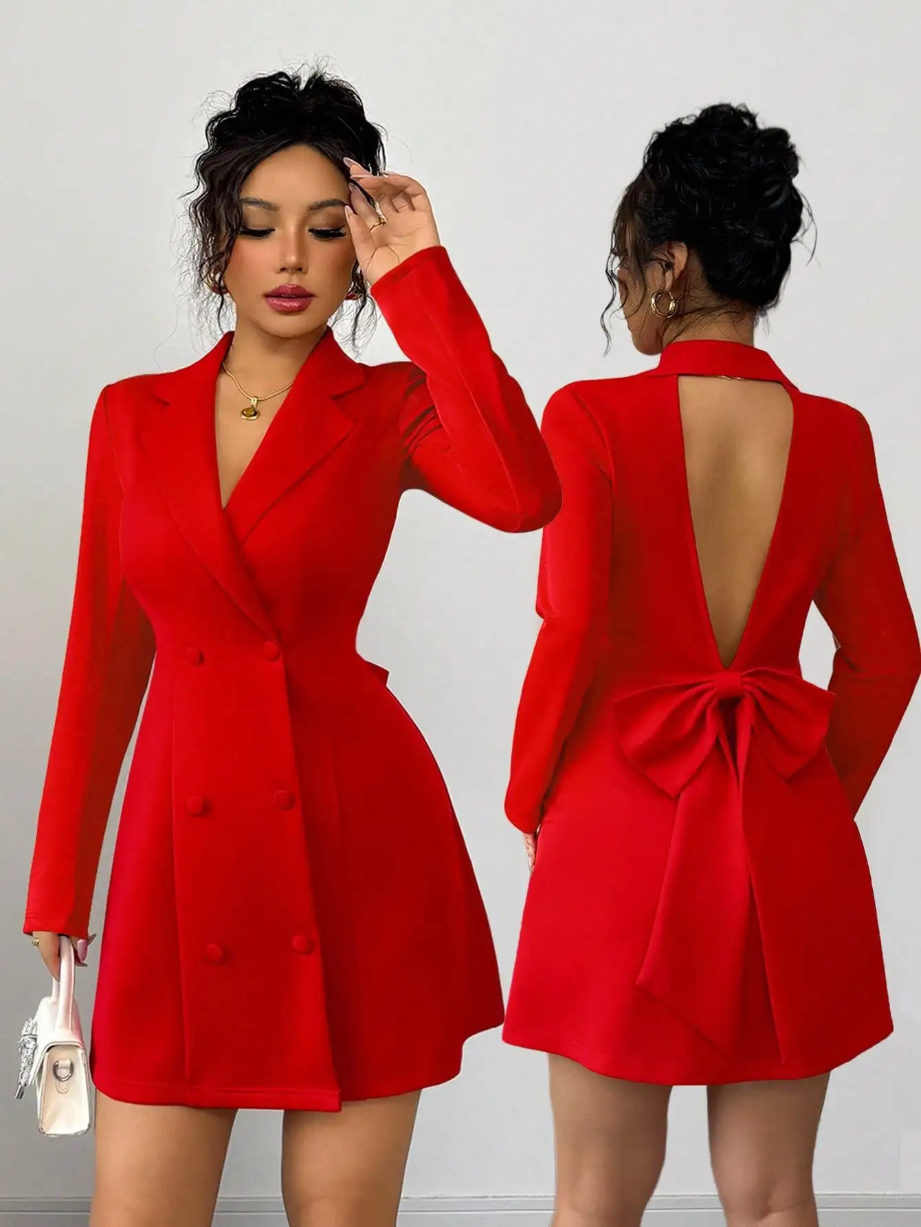 

New Women's Blazer Collar Double-Breasted Deep V-Neck Big Bow Design Long Sleeve Fitted Party Cocktail Mini Dress, Elegant