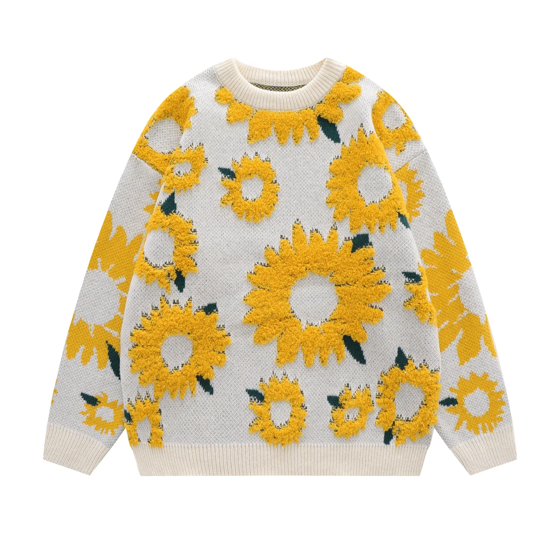 Autumn Japanese Retro Sunflower Flocking Lazy Knitwears for Men and Women BF Patchwork Trendy Couple Long Sleeve Knitted Sweater