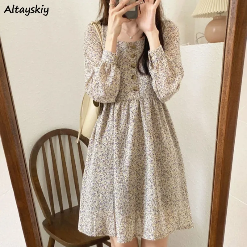 Long Sleeve Floral Dress Women Sweet Button-up Gentle Girls Literary New Design Tender All-match Fashion Ulzzang Spring Ins 2024