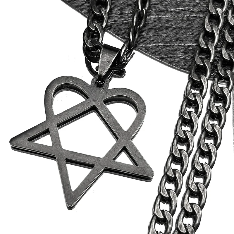 Goth Heartagram Stern Anhänger Halskette für Frauen Männer Edelstahl Gun Black Rock Musik Band HIM Fans Hip Hop Kette Schmuck – Detail 4
