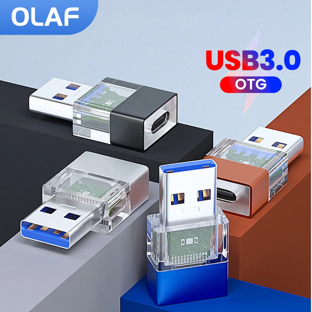 Mini USB3.0 OTG Transparent Adapter With LED Indicator 2-in-1 Charging And Data Transfer USB3.0 Male To Type C OTG Converter