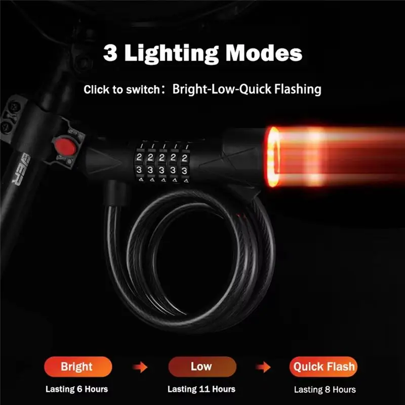 NEW HOT In Stock-Bicycle Lock With Light 5 Digit Security Password Bike Lock Steel Cable Chain Lock For Road Bike - view 4