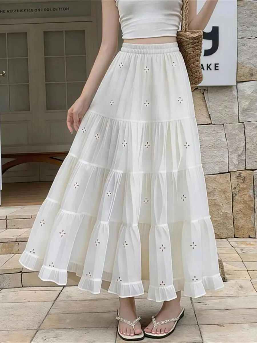 Solid Flower Embroidery Splice Ruffles A-line Full-Skirted Long Dress For Women Summer High Waist Versatile White Midi Skirt
