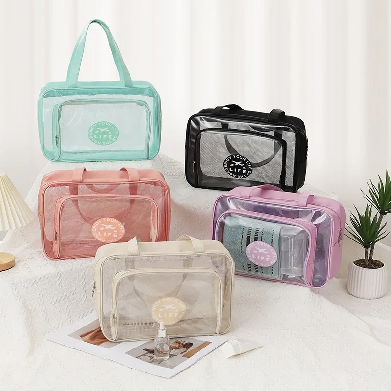 Large capacity transparent PU makeup bag for women, portable toiletries storage bag