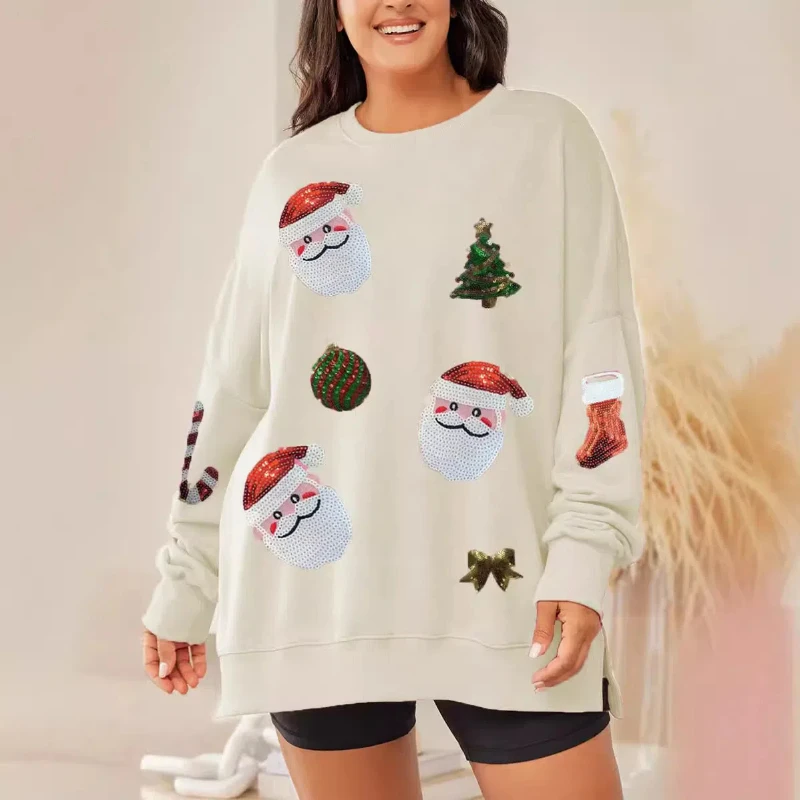 New Women's Patchwork Pullovers O-Neck Printed Fashion Elegant Christmas Sequin Loose Minimalist Casual Long Sleeved Sweatshirt