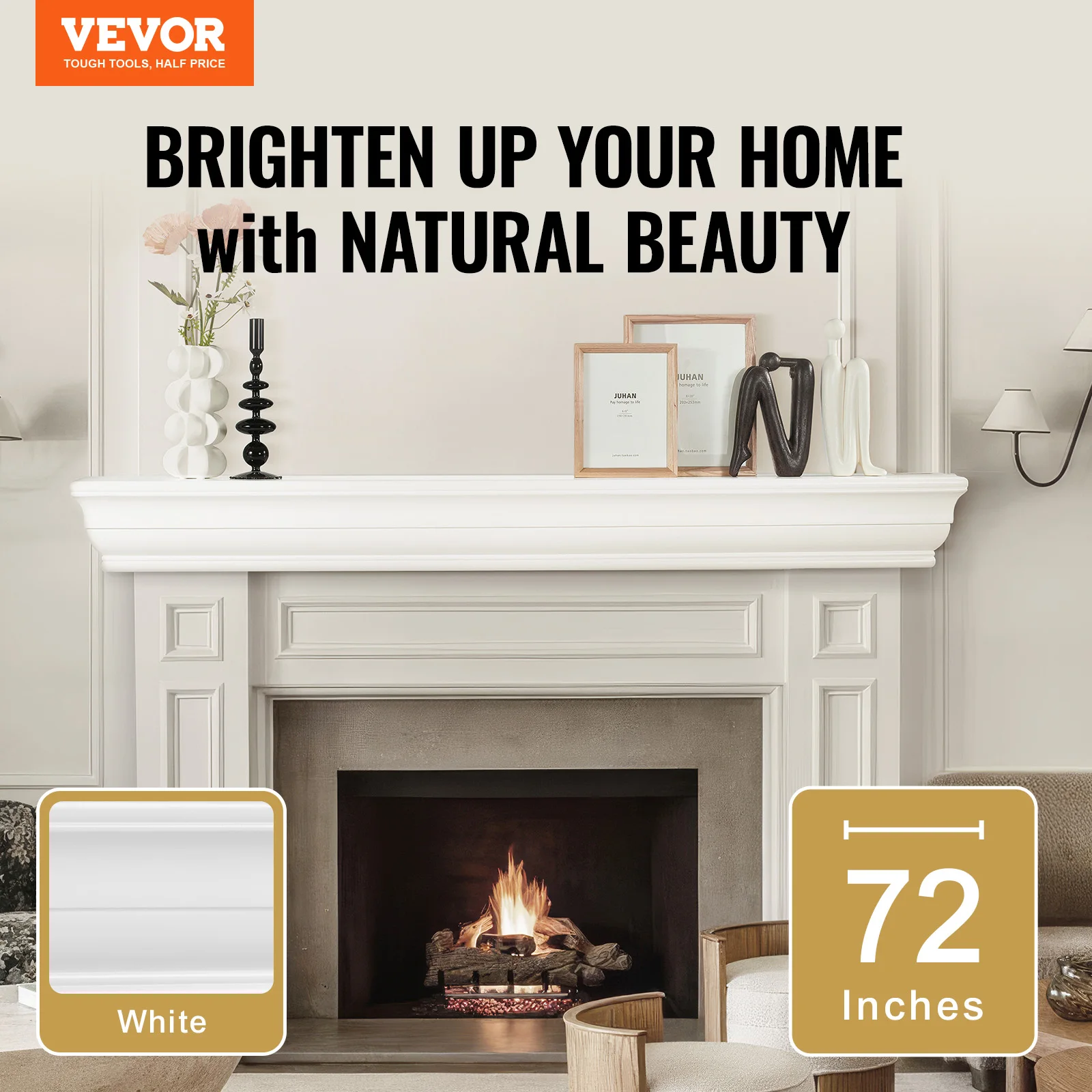 VEVOR Fireplace Mantel 72" x 8" x 5" 50 lbs  Natural Wood Mantel for Over Fireplace Wall Handcrafted Wood for Wall Decor White