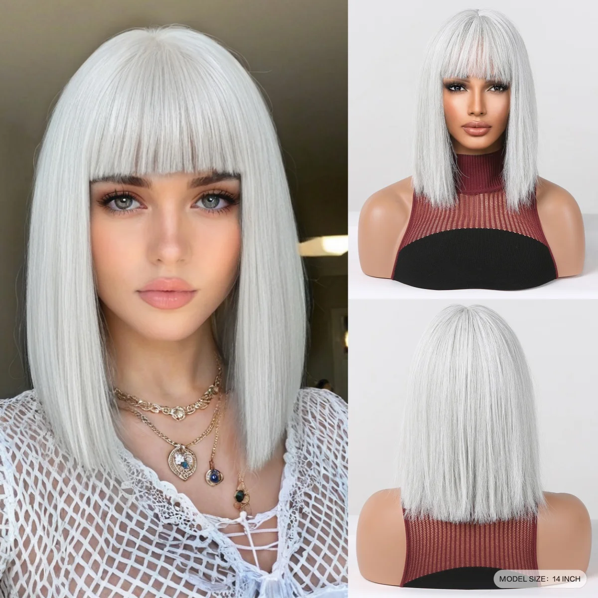 Silver Blonde Synthetic Wigs with Bangs Short Bob Silky Straight Hair Cosplay Lolita Wig High Temperature Fiber for White Women