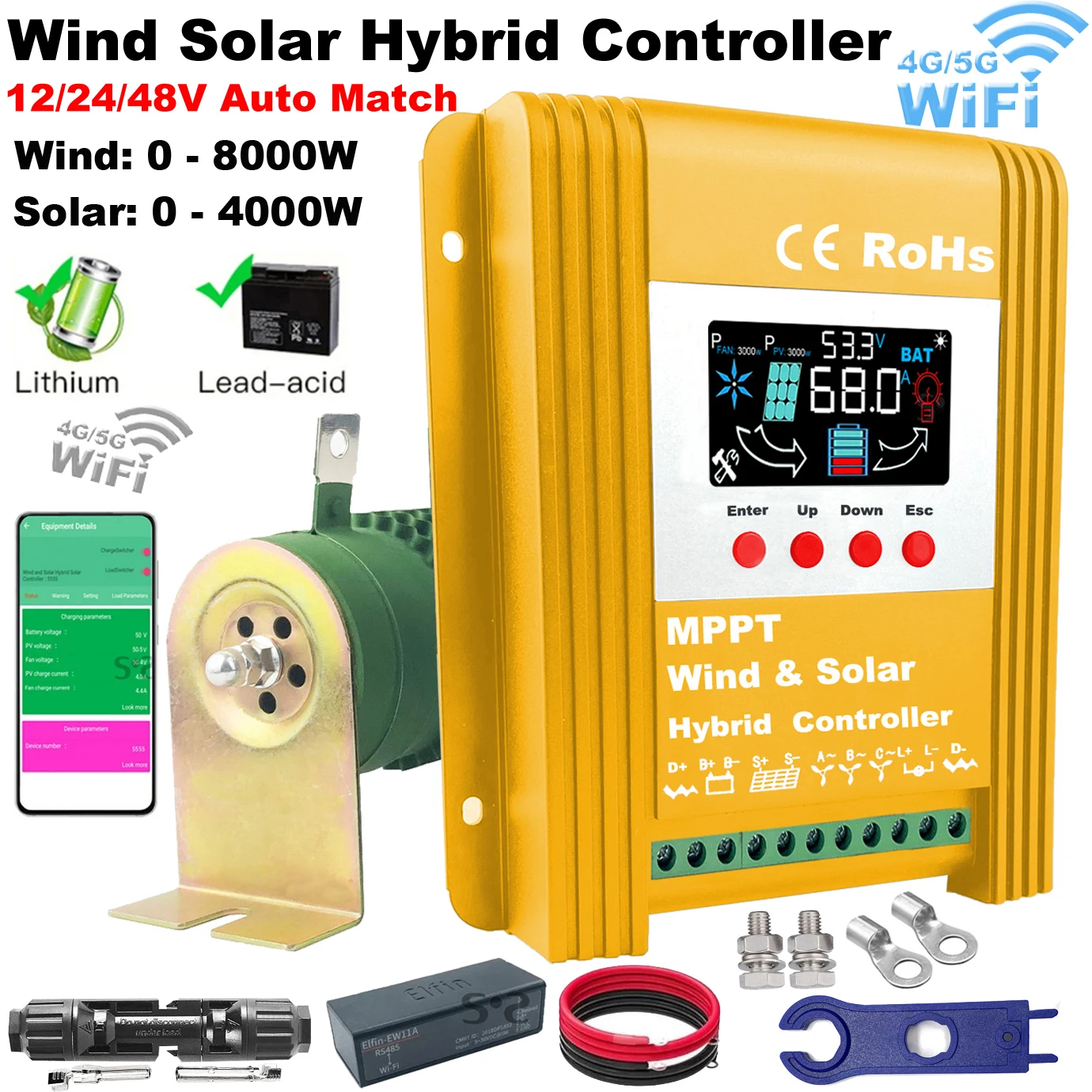 

WIFI 12V 24V 48V 5000W 8KW 10KW 9000W MPPT Hybrid Wind Solar Charge Controller Wind Turbine PV System Regualtor For Home Battery