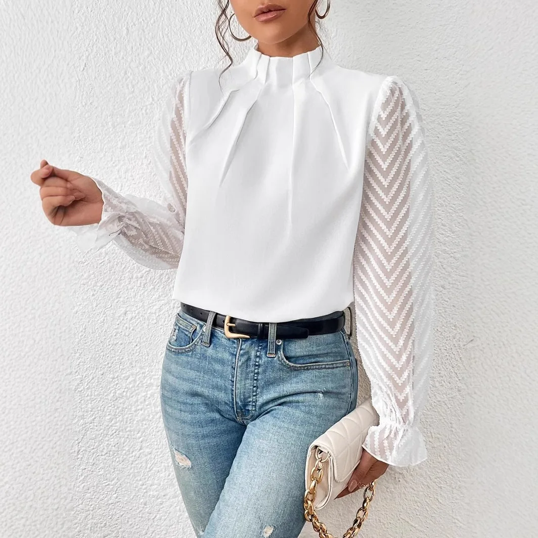 2025 Camicia elegante a maniche lunghe da donna Camicetta da ufficio da donna Top Primavera Autunno Camicia da donna in chiffon con colletto semi-alto e pannello ondulato