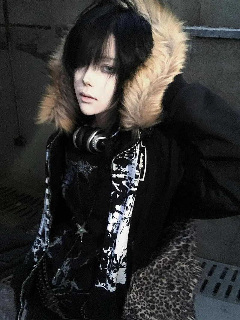Streetwear Vintage Harajuku Gothic Print Hooded Sweatshirt Coat