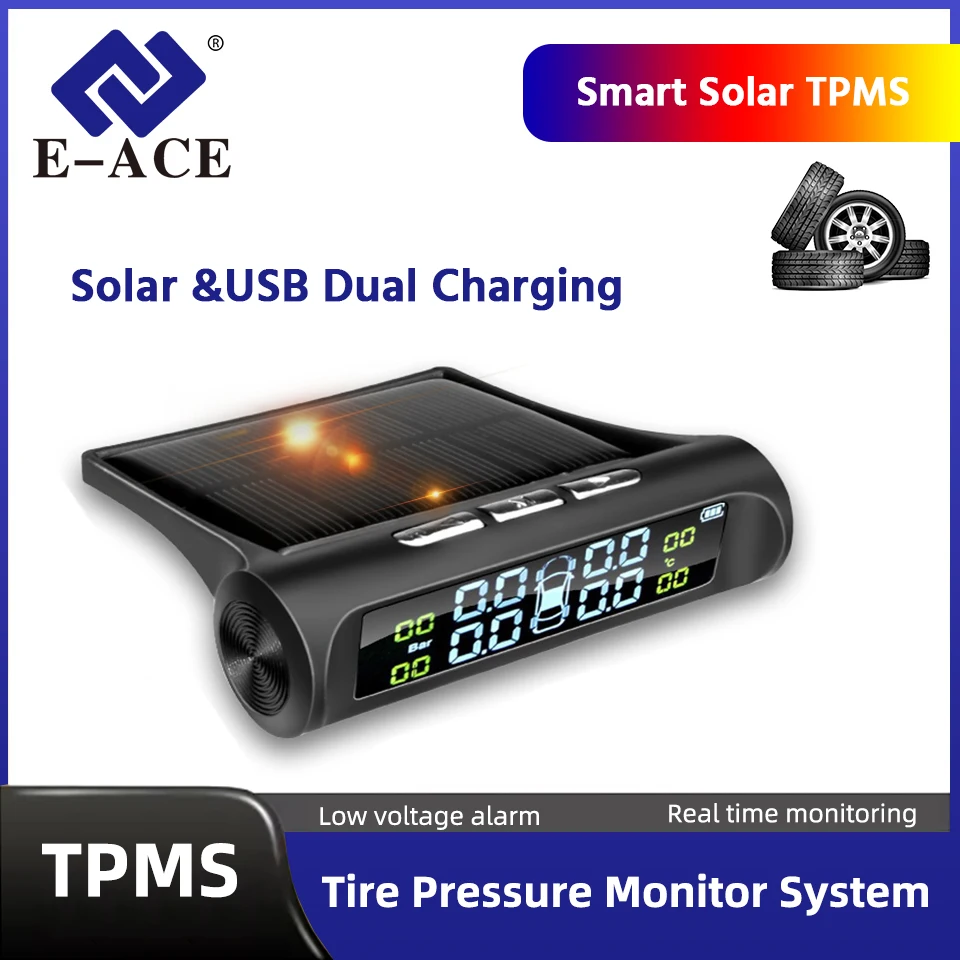 

E-ACE Беспроводной солнечный/USB TPMS 4-сенсорный монитор давления в шинах Сигнализация низкого напряжения Автомобильная охранная сигнализация в реальном времени и автоматическая температура