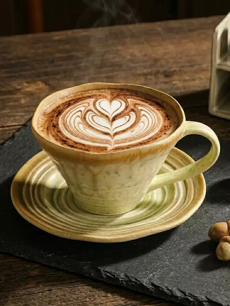 Handmade Stream Sand Ceramic Coffee Mug Saucer 340ml Retro Irregular Latte Cup Porcelain Drink Cup For Household Cafe